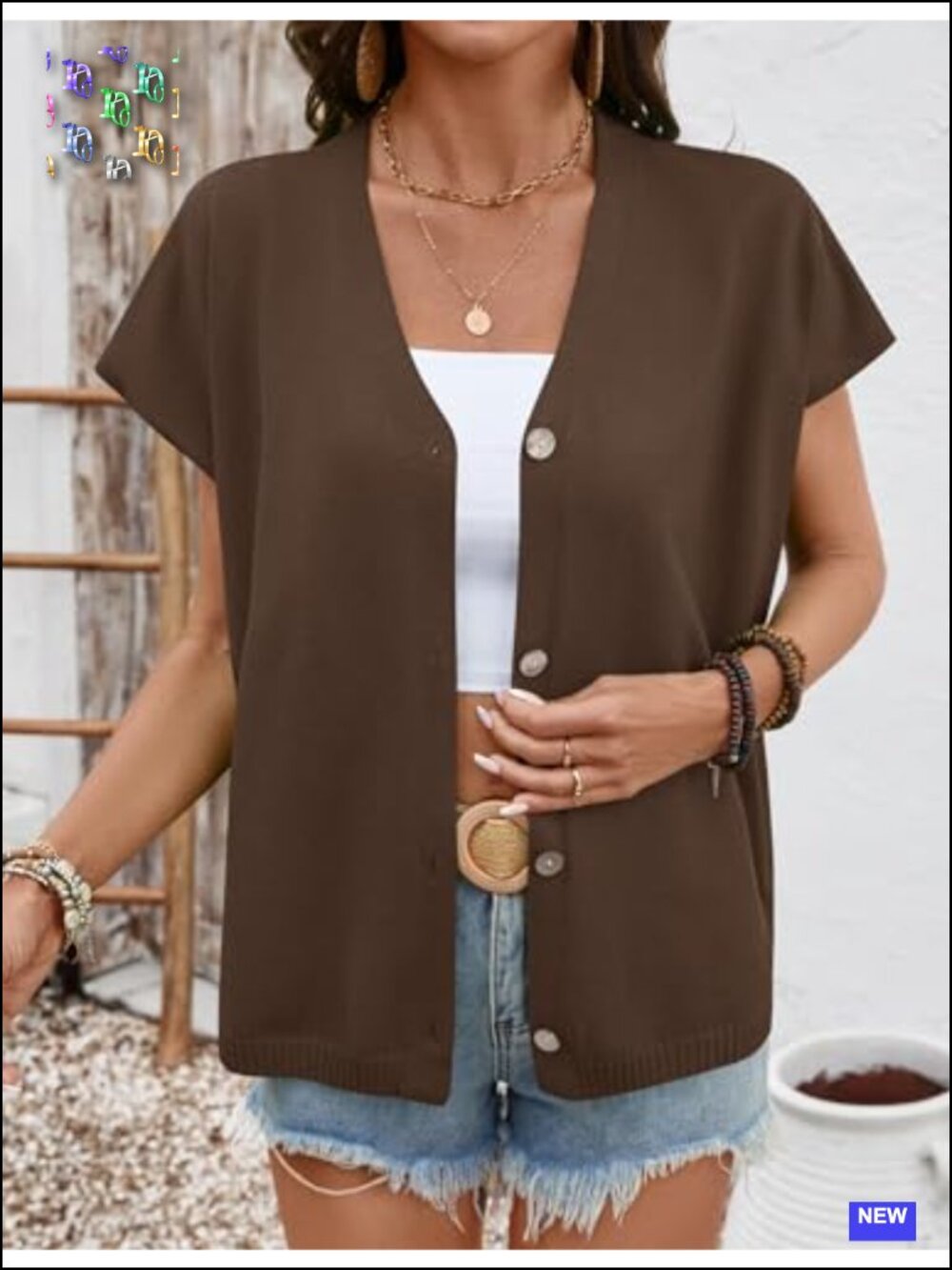 Oversized Short Sleeve V-Neck Cardigan Lightweight Knitted Button Down - Picture 3 of 6